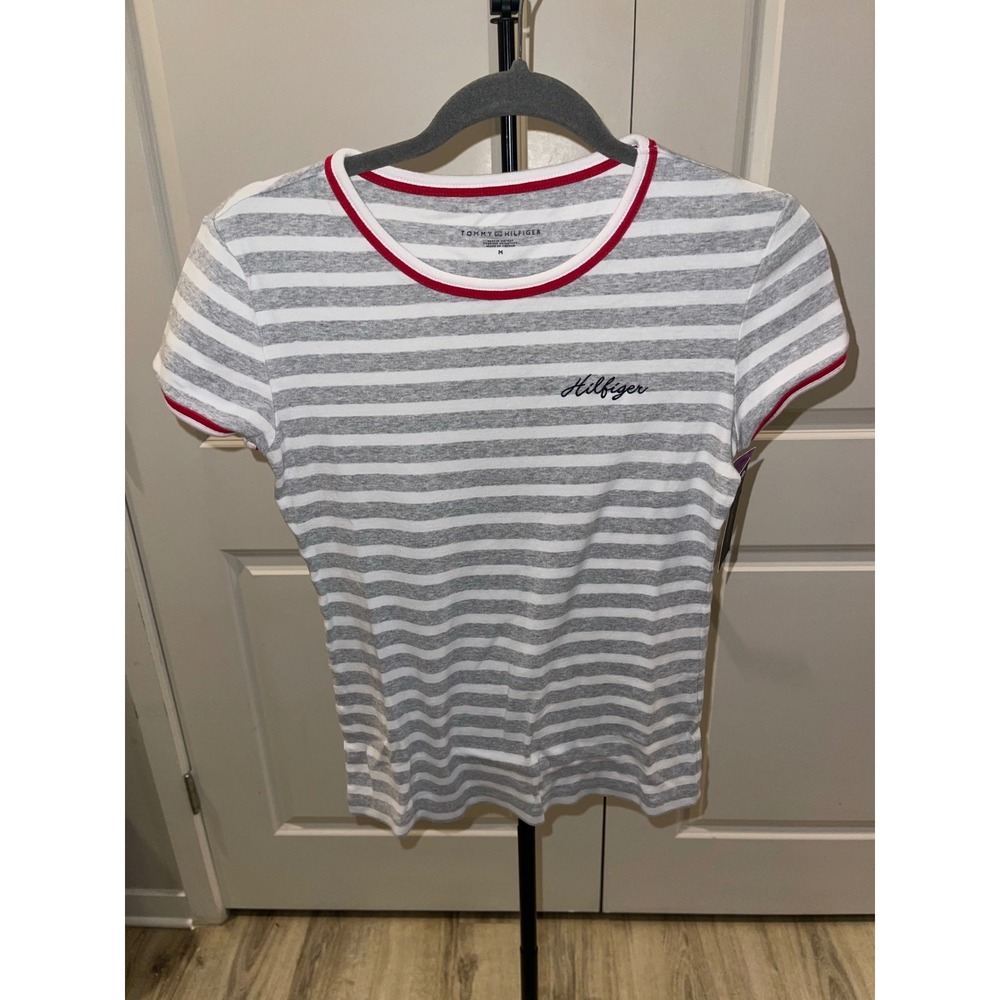 Tommy Hilfiger Women's Striped T Shirt Red Trim Crew Neck Short Sleeve Size M